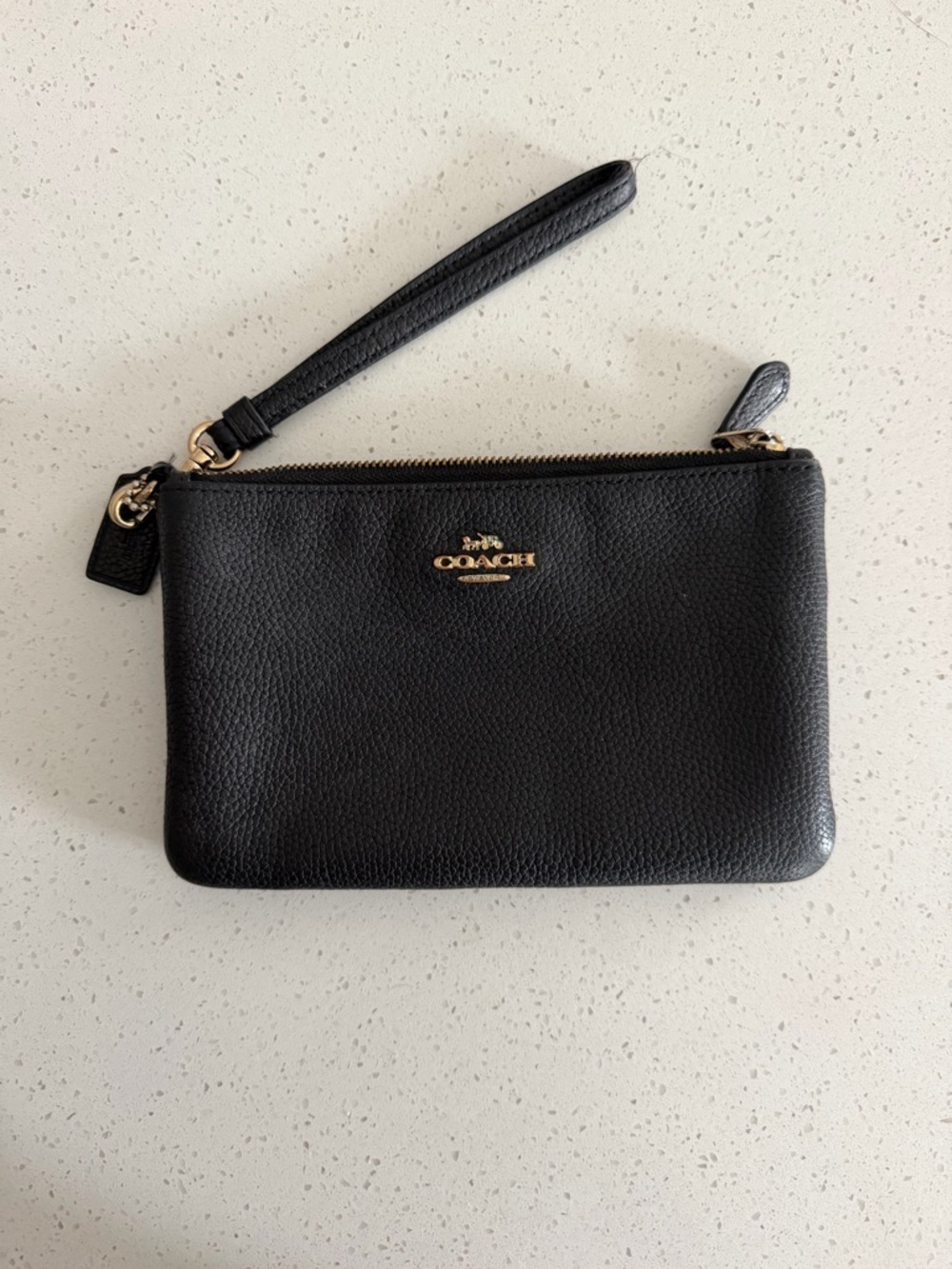 Coach Black Pebbled Leather Wristlet with Gold Logo